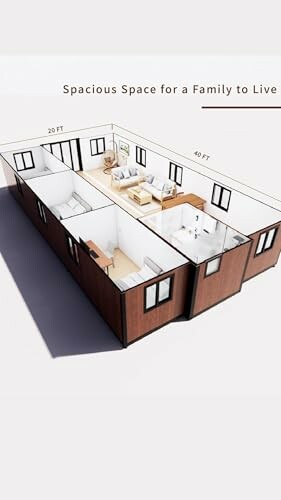 3D layout of a compact family living space with labeled dimensions.