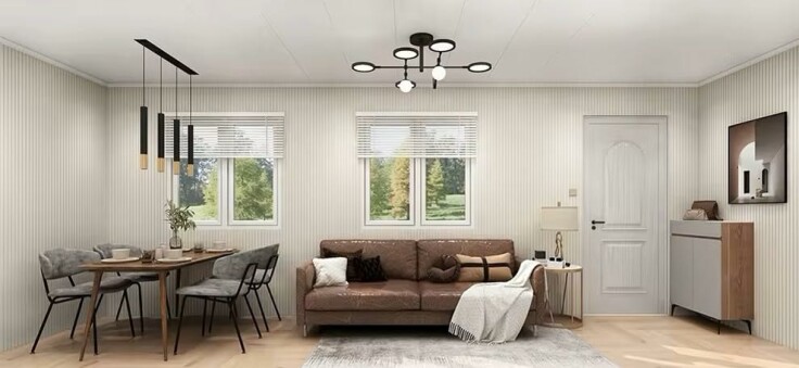 Interior of the container home with a cozy living room and kitchen area