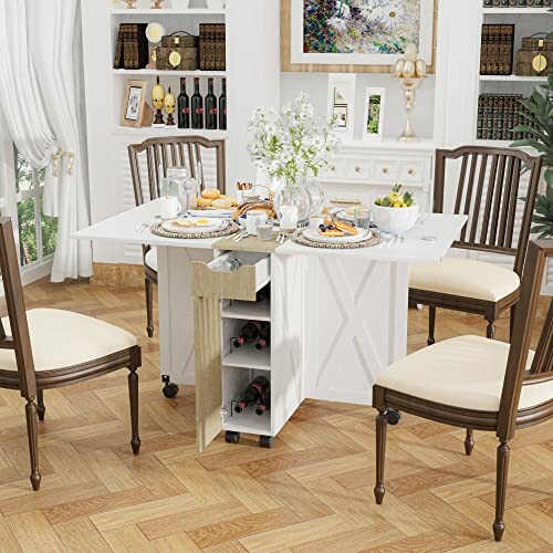 Elegant dining room with a set table, white furniture, and decorative shelves.