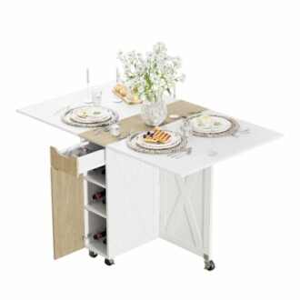 Foldable kitchen table set with plates, waffles, and flowers.