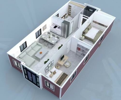 3D rendering of a modern apartment floor plan with living room, kitchen, bedroom, and bathroom.