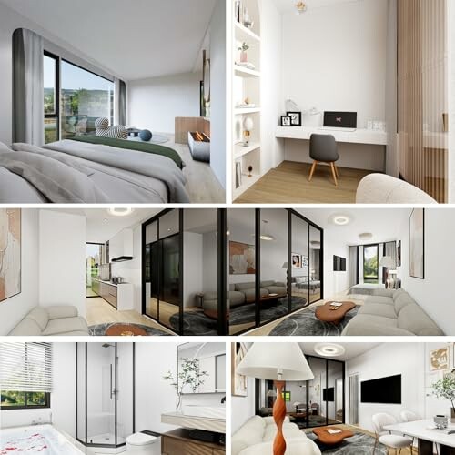 Collage of modern apartment interior with bedroom, office, kitchen, living room, and bathroom.