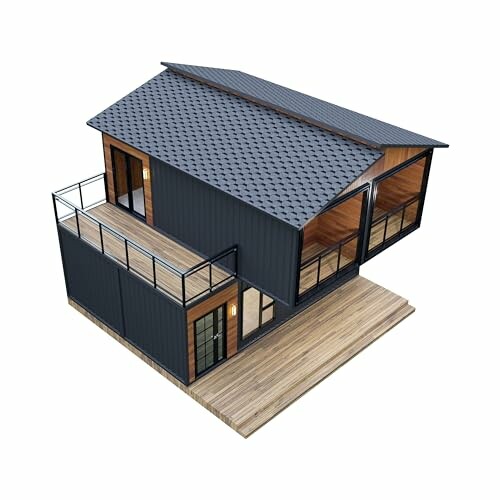 3D render of a modern container house with large windows and wooden deck.