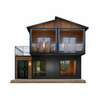 Modern two-story container house with large windows and balcony.