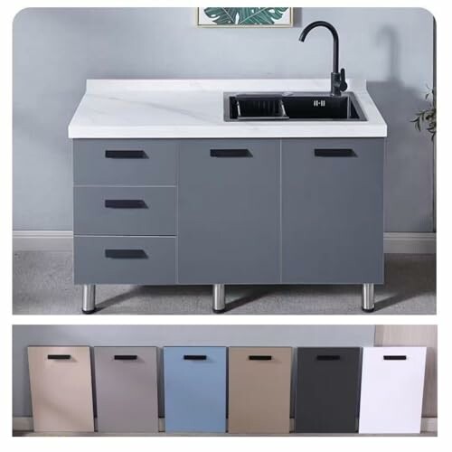 Modern kitchen sink cabinet with color options.