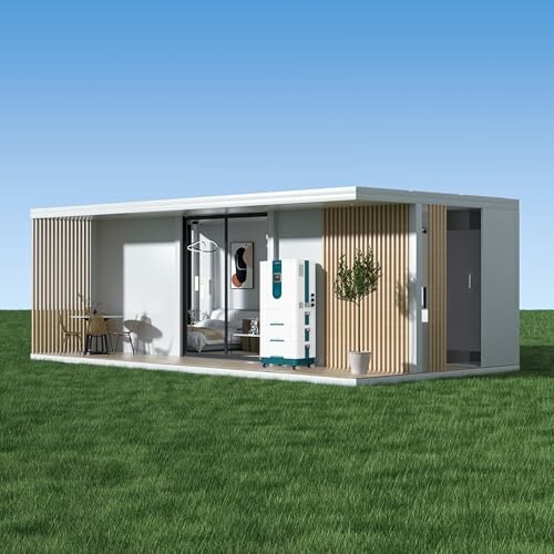 Modern tiny house with glass doors and wooden paneling on grassy field.