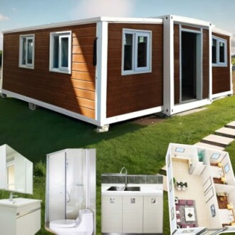 Modular container home with interior features including bathroom, kitchen, and floor plan.