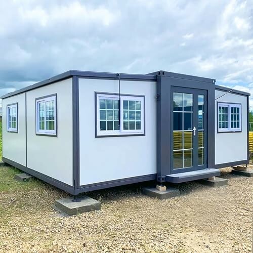 Modular office container with windows and a door