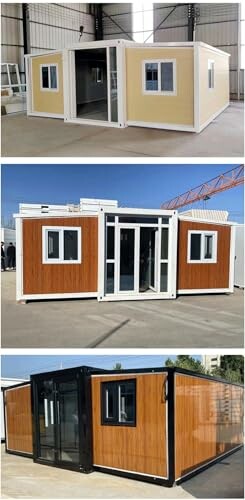 Three modular prefab homes with different designs and colors.