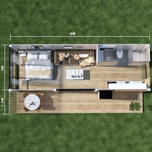 Top view of a tiny house layout with bedroom, living area, bathroom, and outdoor space.
