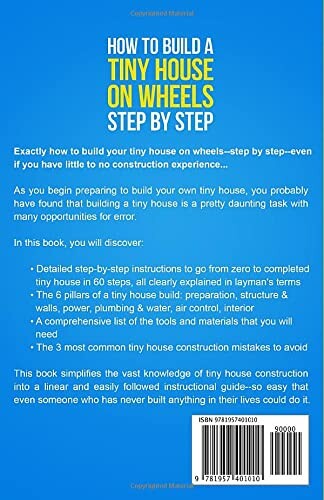 Back cover of a book titled 'How to Build a Tiny House on Wheels Step by Step'.
