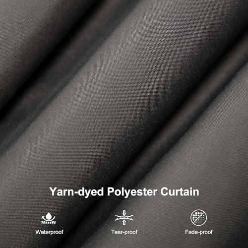 Close-up of yarn-dyed polyester curtain fabric with waterproof, tear-proof, and fade-proof icons.